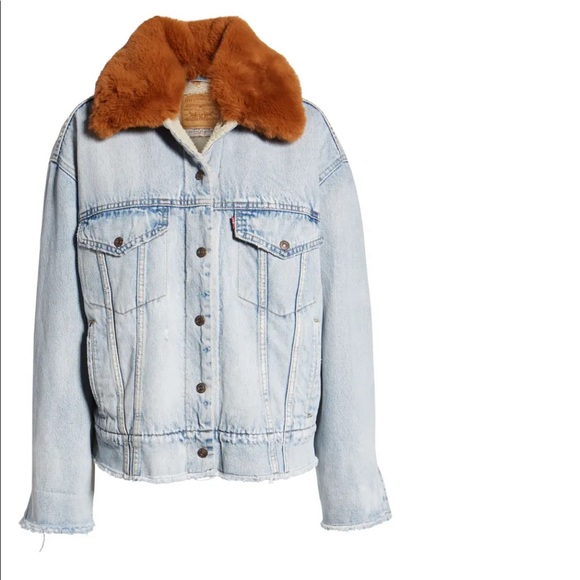 oversize faux shearling lined denim trucker jacket with removable faux fur collar